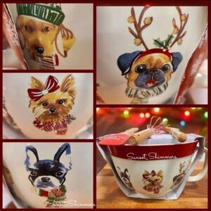 4pc Christmas Pug Boston Terrier Lab Yorkie Dog Mixing Bowl Spatula Spoon Wisk